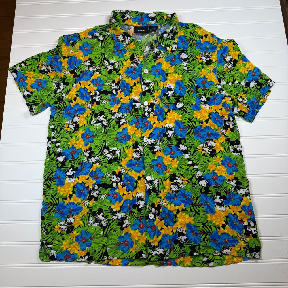 Disney Mickey Mouse Mens Tropical Hibiscus Floral Rayon Button Down Shirt LG